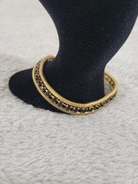 Loren Hope Gold Tone Double Cobra Chain Bracelet Black Crystal Art Deco B17E